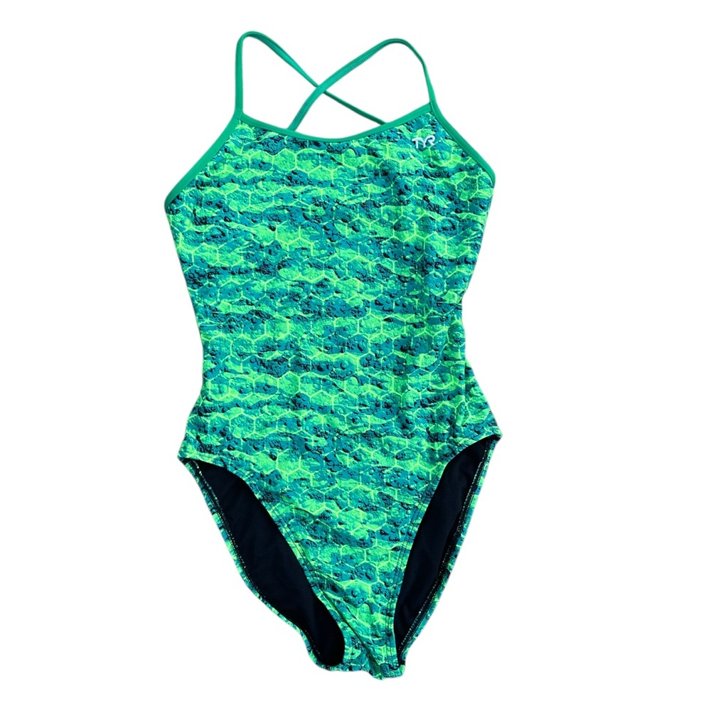 💚 TYR Green Diamondfit Open Back One Piece Swimsuit Size 34